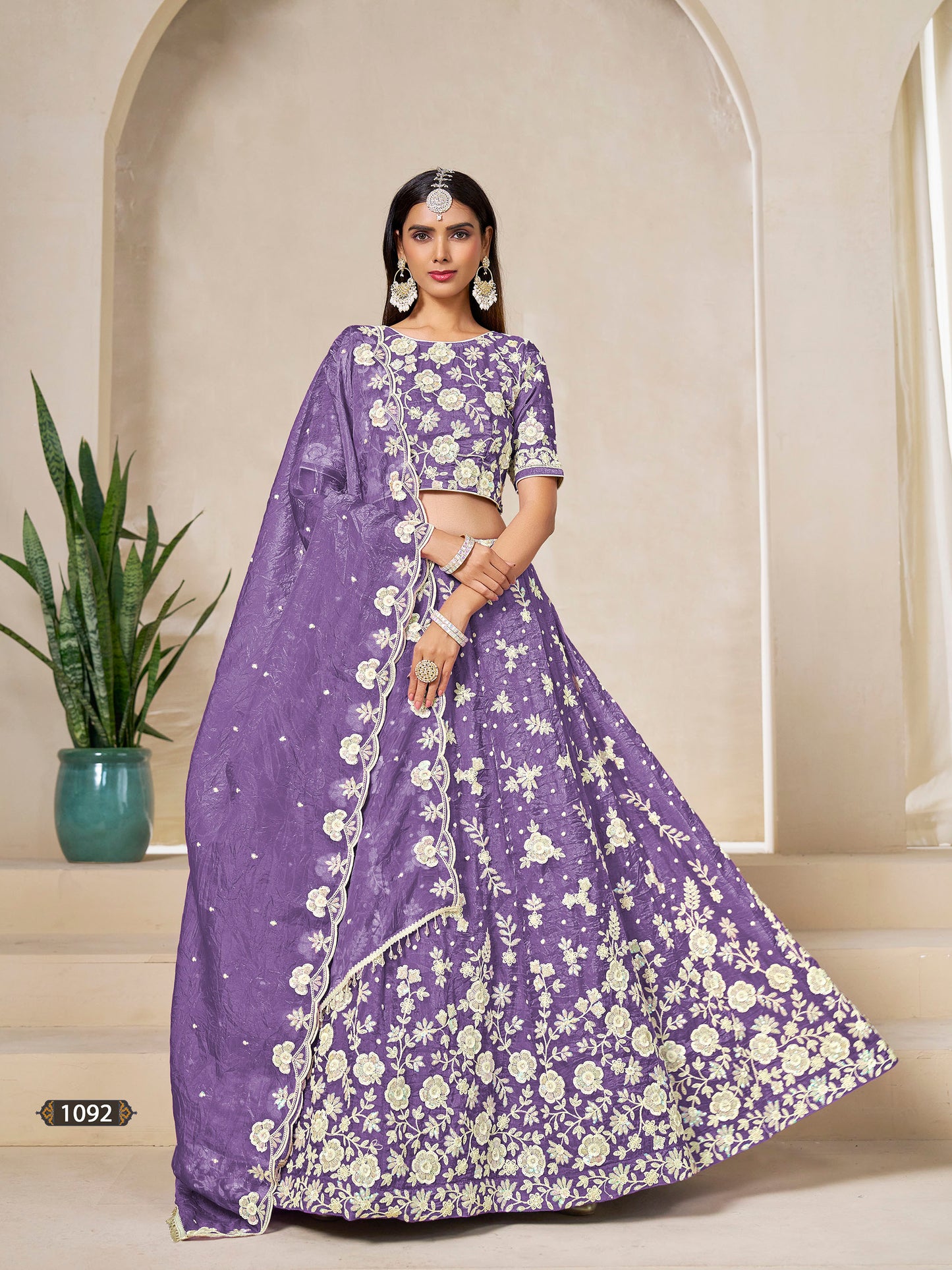Purple Organza Sequins Embroidered Sangeet Lehenga