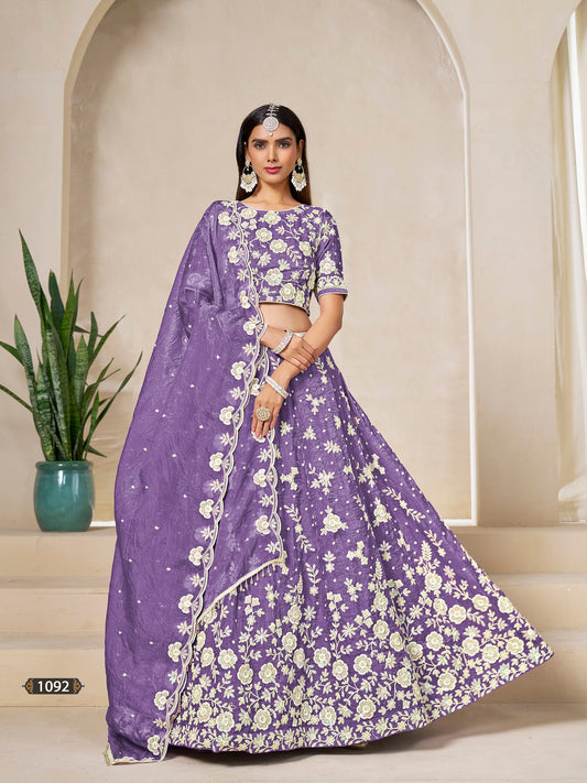 Purple Organza Sequins Embroidered Sangeet Lehenga