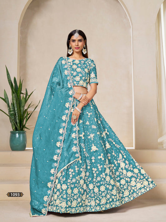 Sky Blue Organza Sequins Embroidered Bridesmaid Lehenga