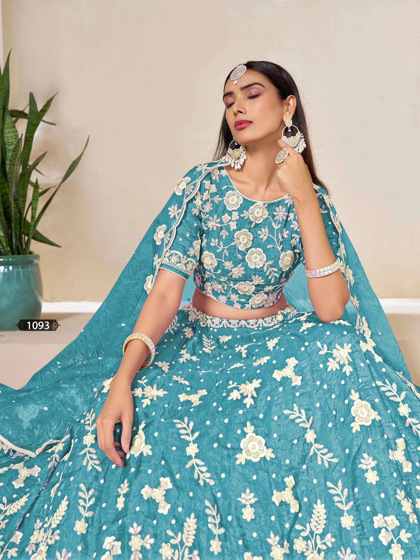 Sky Blue Organza Sequins Embroidered Bridesmaid Lehenga