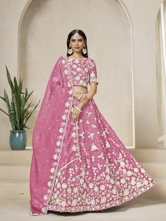 Pink Organza Sequins Embroidered Wedding Lehenga