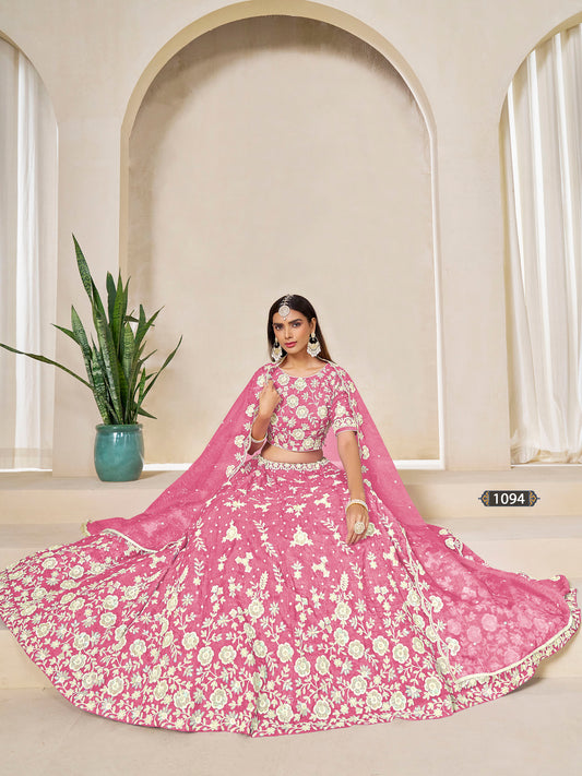 Pink Organza Sequins Embroidered Wedding Lehenga