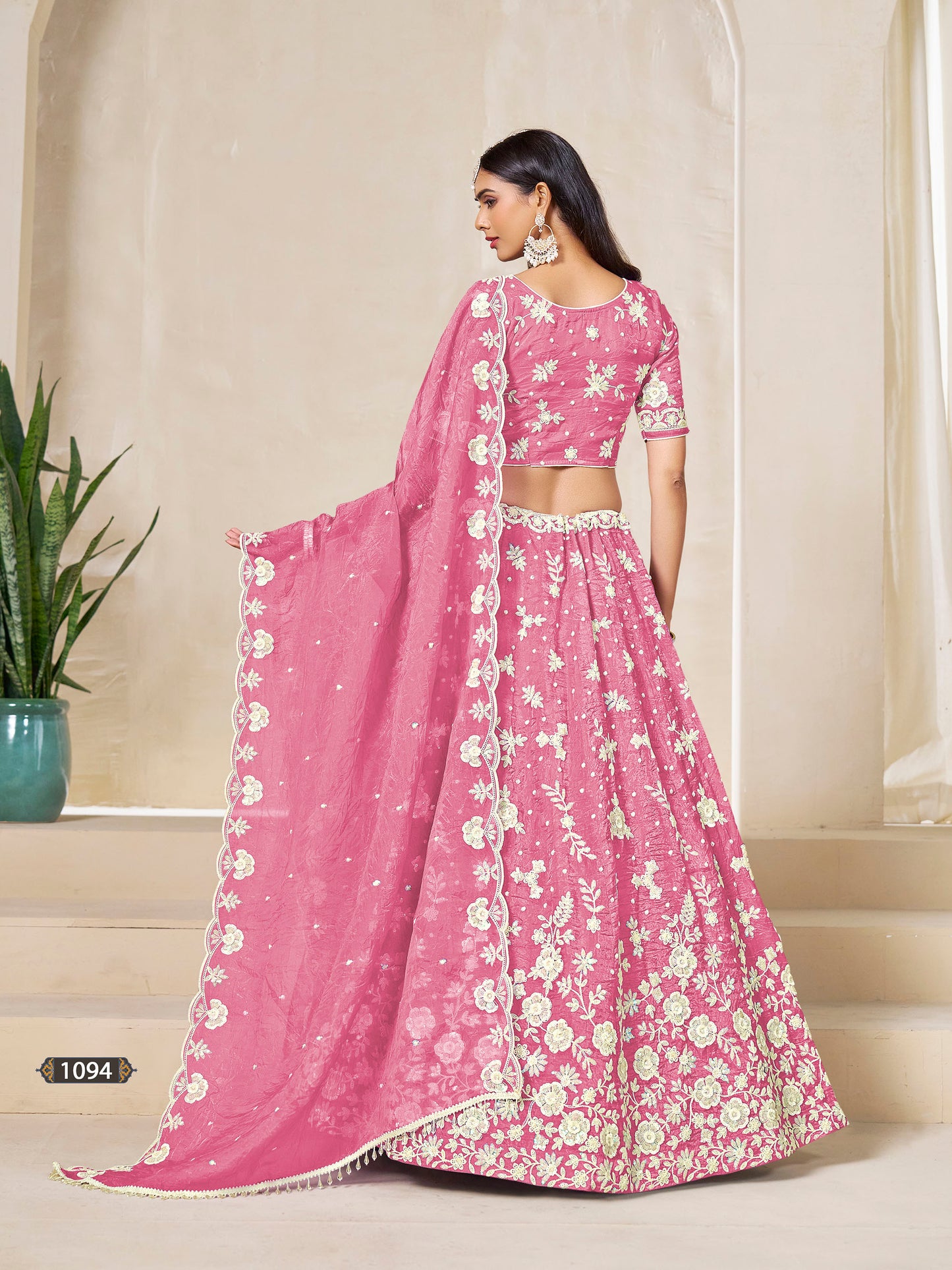 Pink Organza Sequins Embroidered Wedding Lehenga