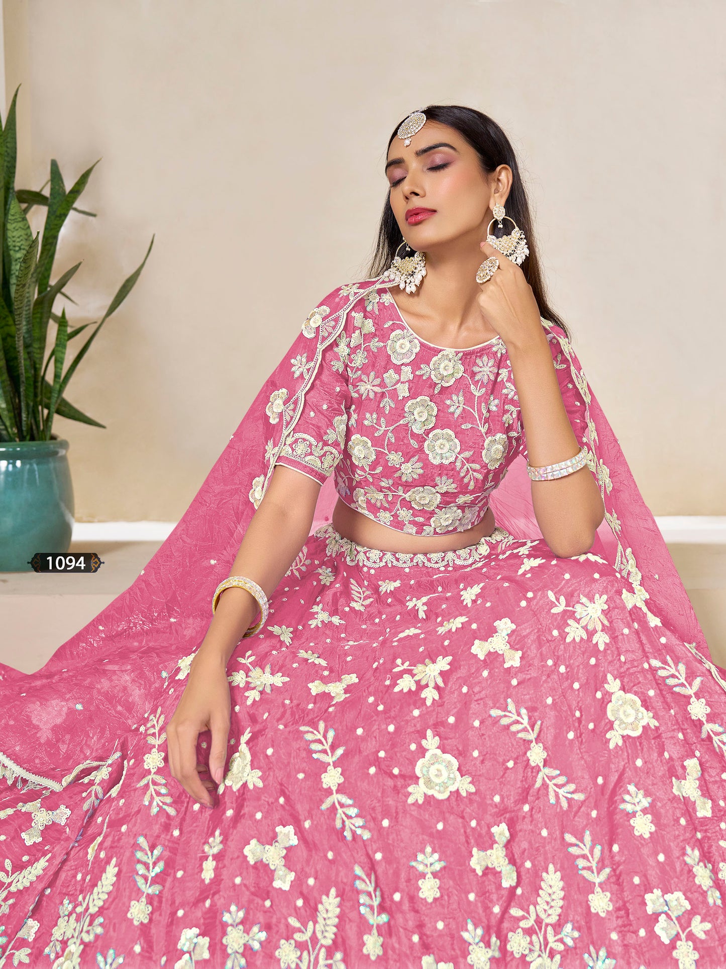Pink Organza Sequins Embroidered Wedding Lehenga