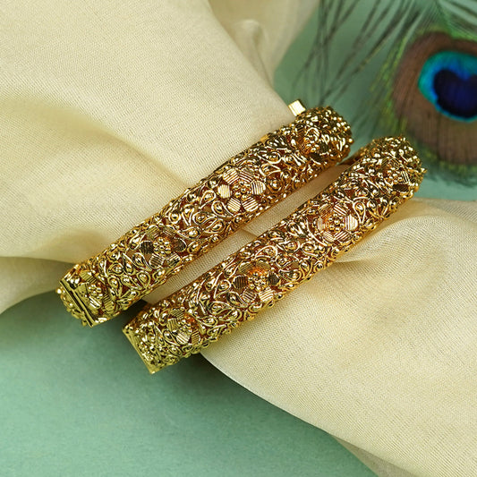 Zevar Club Set of 2 22K Gold-Plated Floral Textured Bangles with Light Golden Stone Studded Design for Women