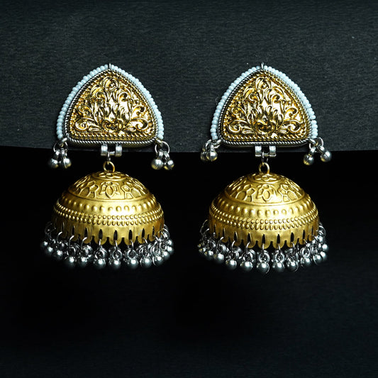 Zevar Club Oxidised Dual-Toned Gold & Silver Triangle Jhumka Earrings with Silver Ghungroo Beads