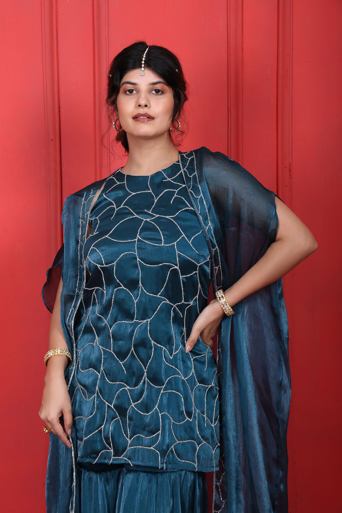 Halter Neck Hand Embroidered Blue Dianne Kurta With Sharara Pant & Cape