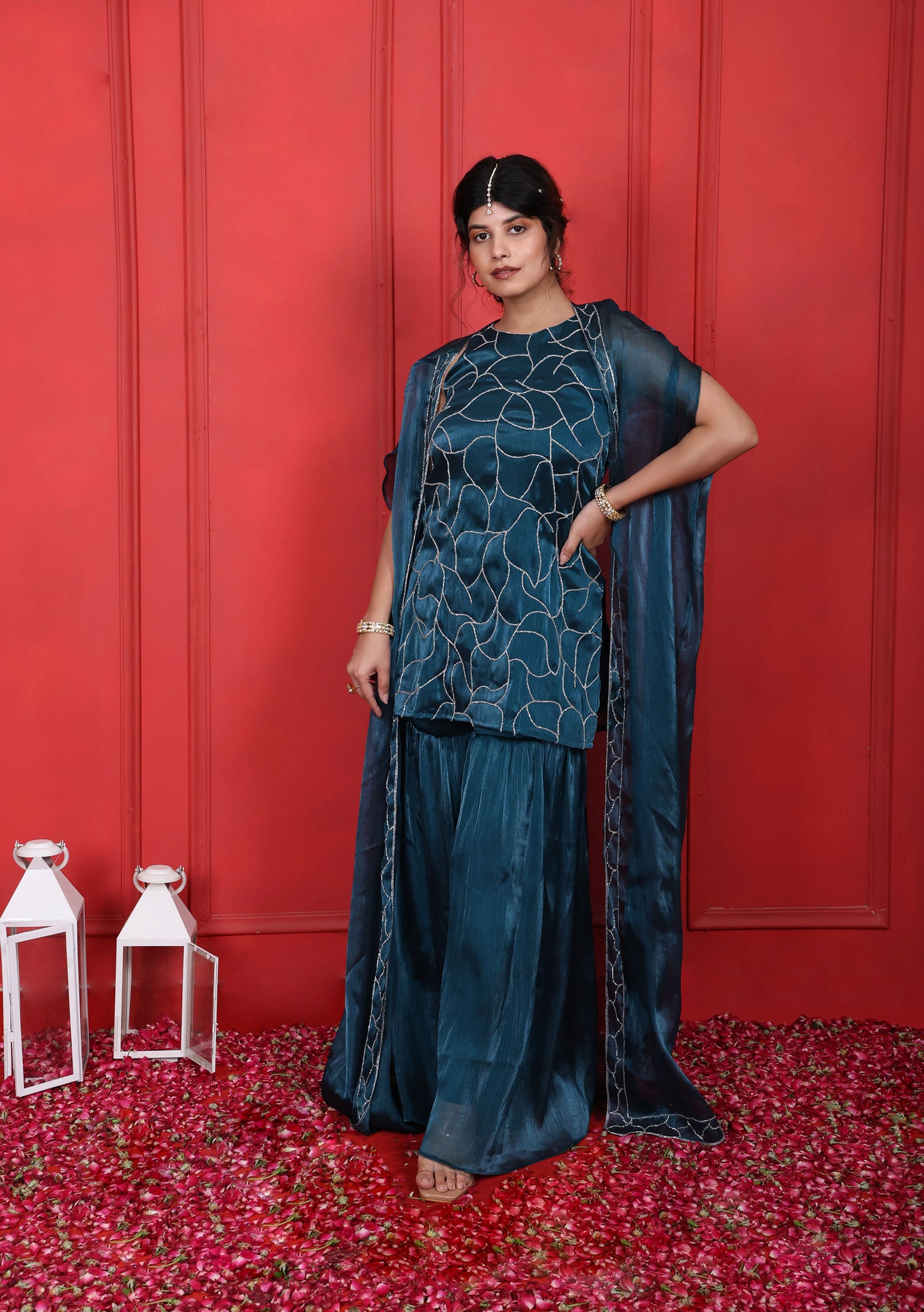 Halter Neck Hand Embroidered Blue Dianne Kurta With Sharara Pant & Cape