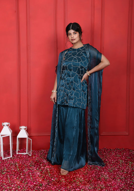 Halter Neck Hand Embroidered Blue Dianne Kurta With Sharara Pant & Cape