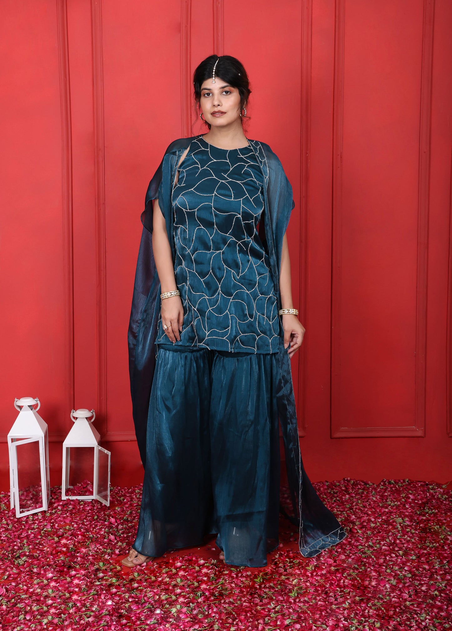 Halter Neck Hand Embroidered Blue Dianne Kurta With Sharara Pant & Cape
