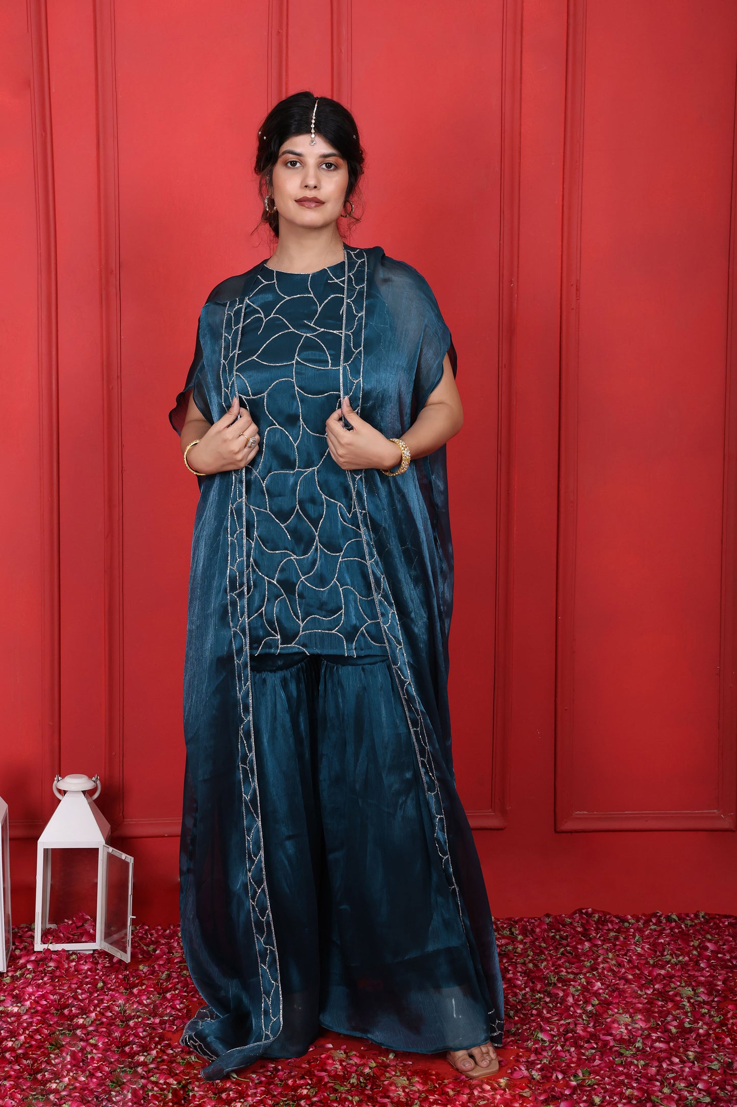 Halter Neck Hand Embroidered Blue Dianne Kurta With Sharara Pant & Cape