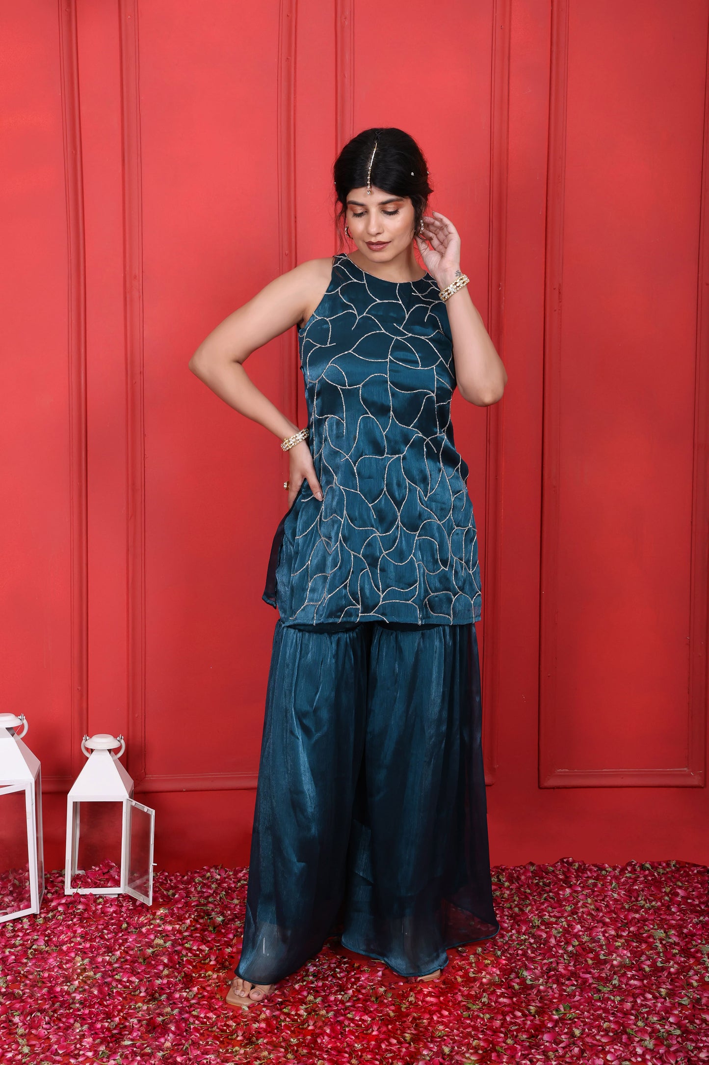 Halter Neck Hand Embroidered Blue Dianne Kurta With Sharara Pants