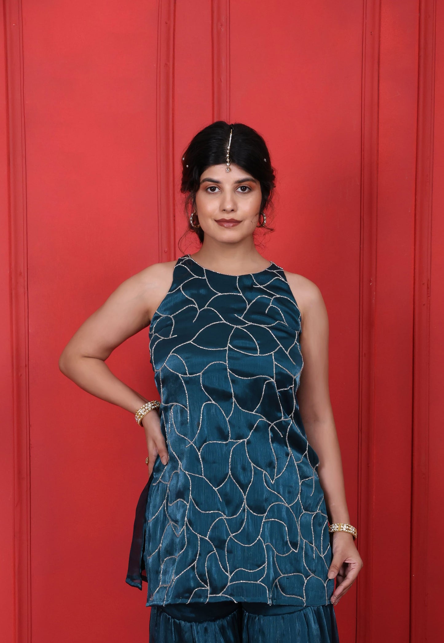 Halter Neck Hand Embroidered Blue Dianne Kurta With Sharara Pants