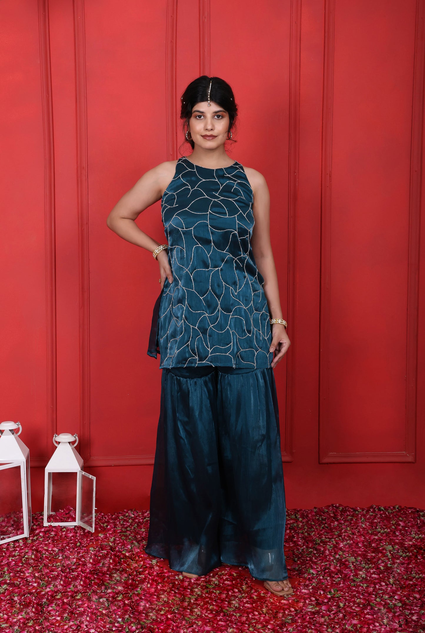 Halter Neck Hand Embroidered Blue Dianne Kurta With Sharara Pants