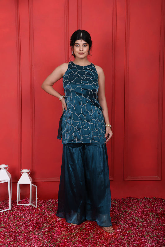 Halter Neck Hand Embroidered Blue Dianne Kurta With Sharara Pants