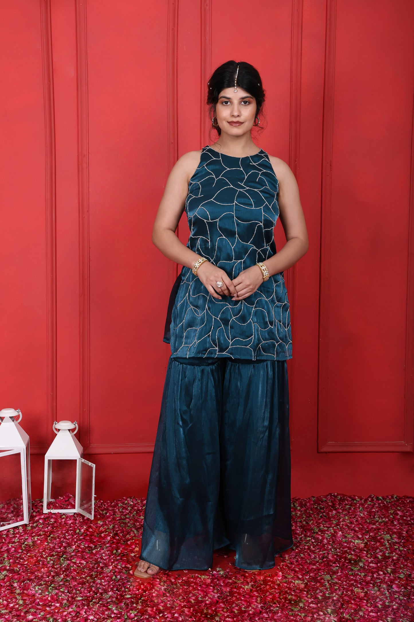 Halter Neck Hand Embroidered Blue Dianne Kurta With Sharara Pants