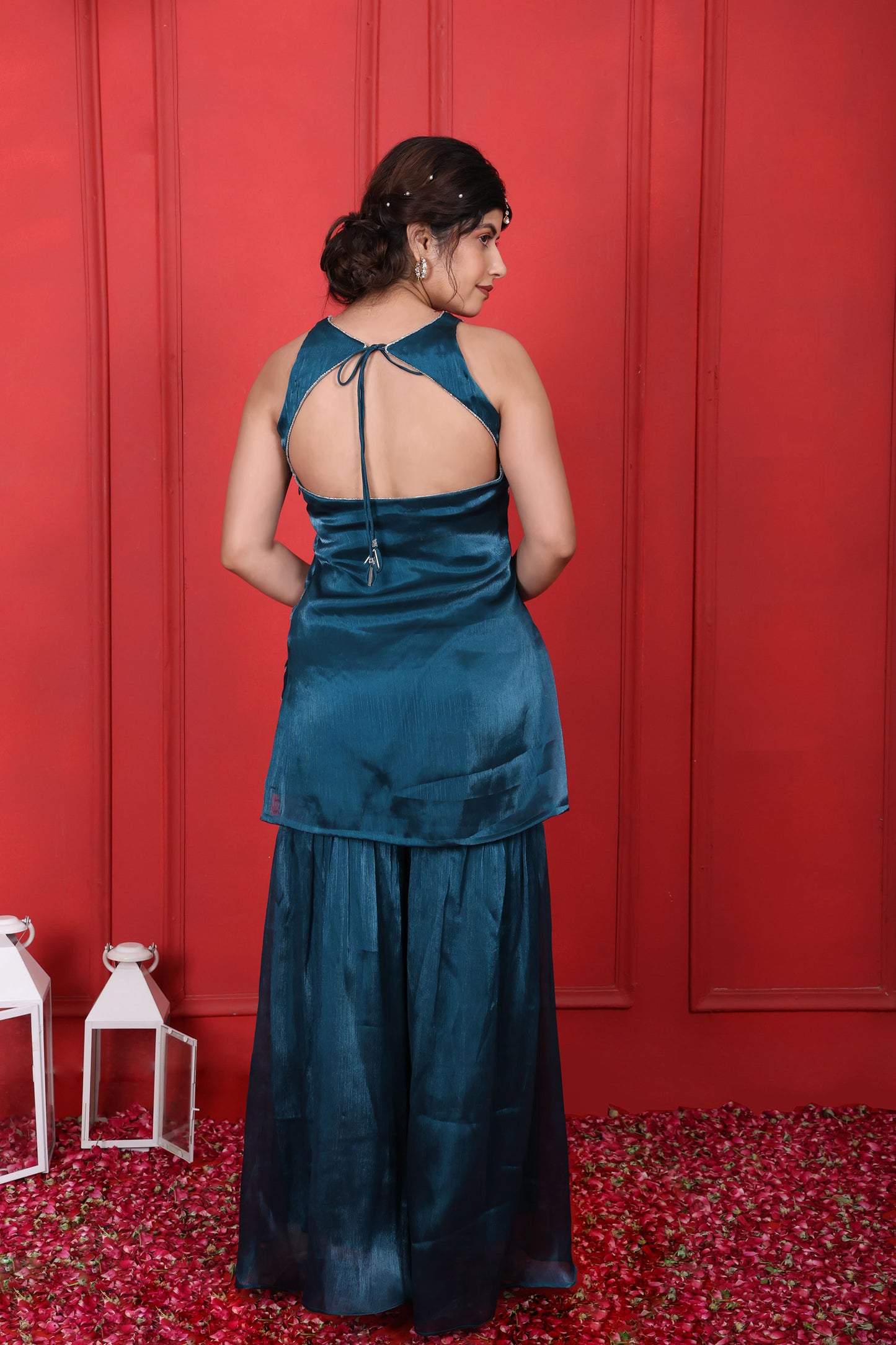 Halter Neck Hand Embroidered Blue Dianne Kurta With Sharara Pant & Cape