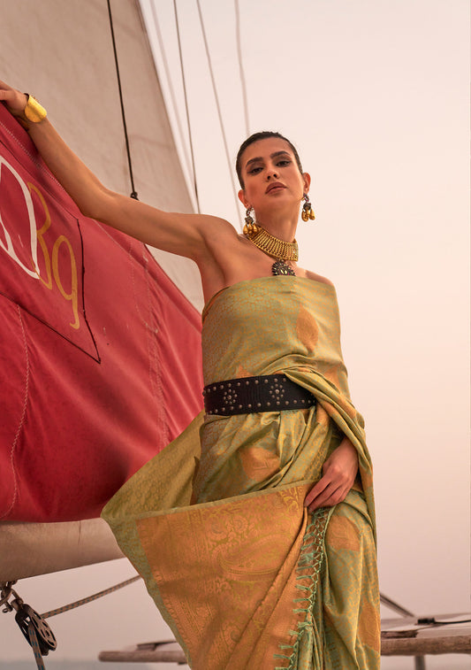 Olive Green Kokoro Satin Two tone handloom weaving saree