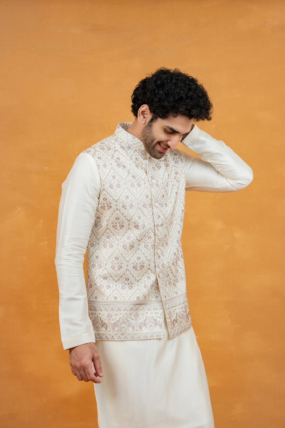 Cream silk koti set with pastel thread embroidery