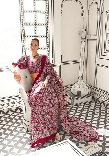 Ruby Red Kajarkh Printed Ajrakh Satin Saree