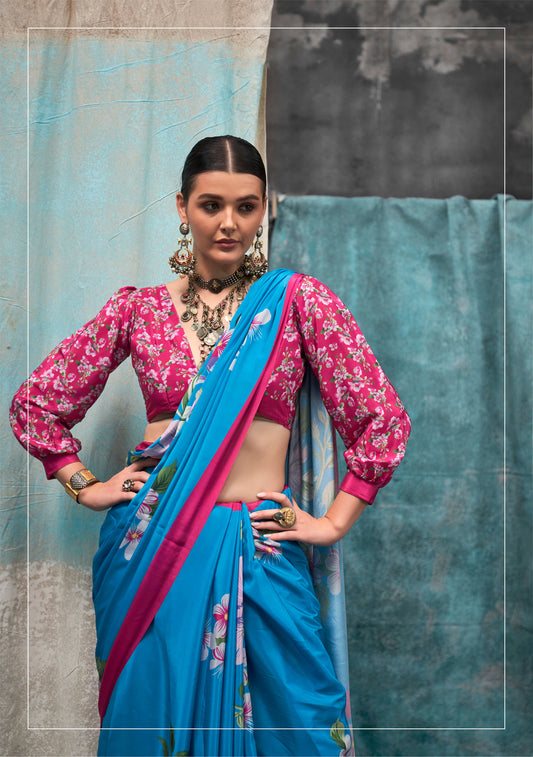 Bright Blue Kernia's Printed Pure Silk Crepe Saree