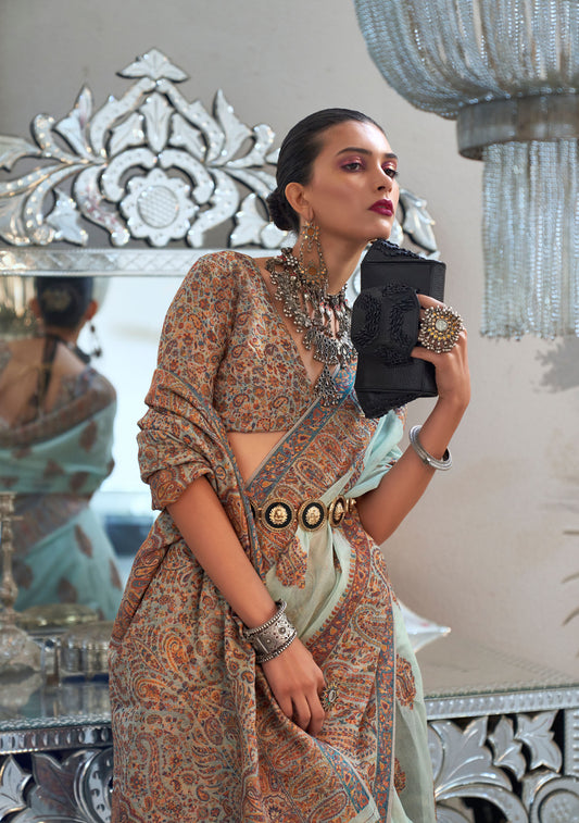 Pastel Green Kqaalib Kashmiri Handloom saree