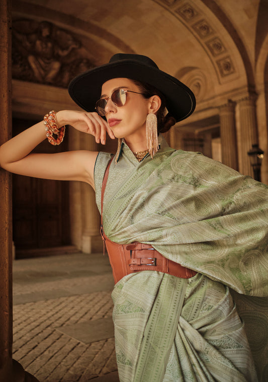 Mint Green Kyha Pure Satin Handloom Saree