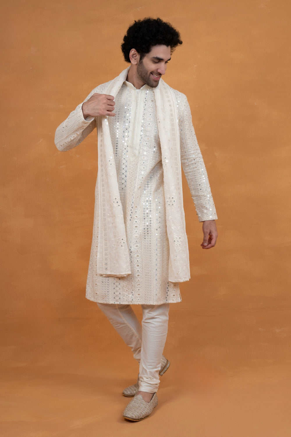 White silk lucknowi silk kurta set with mirror and sequins work