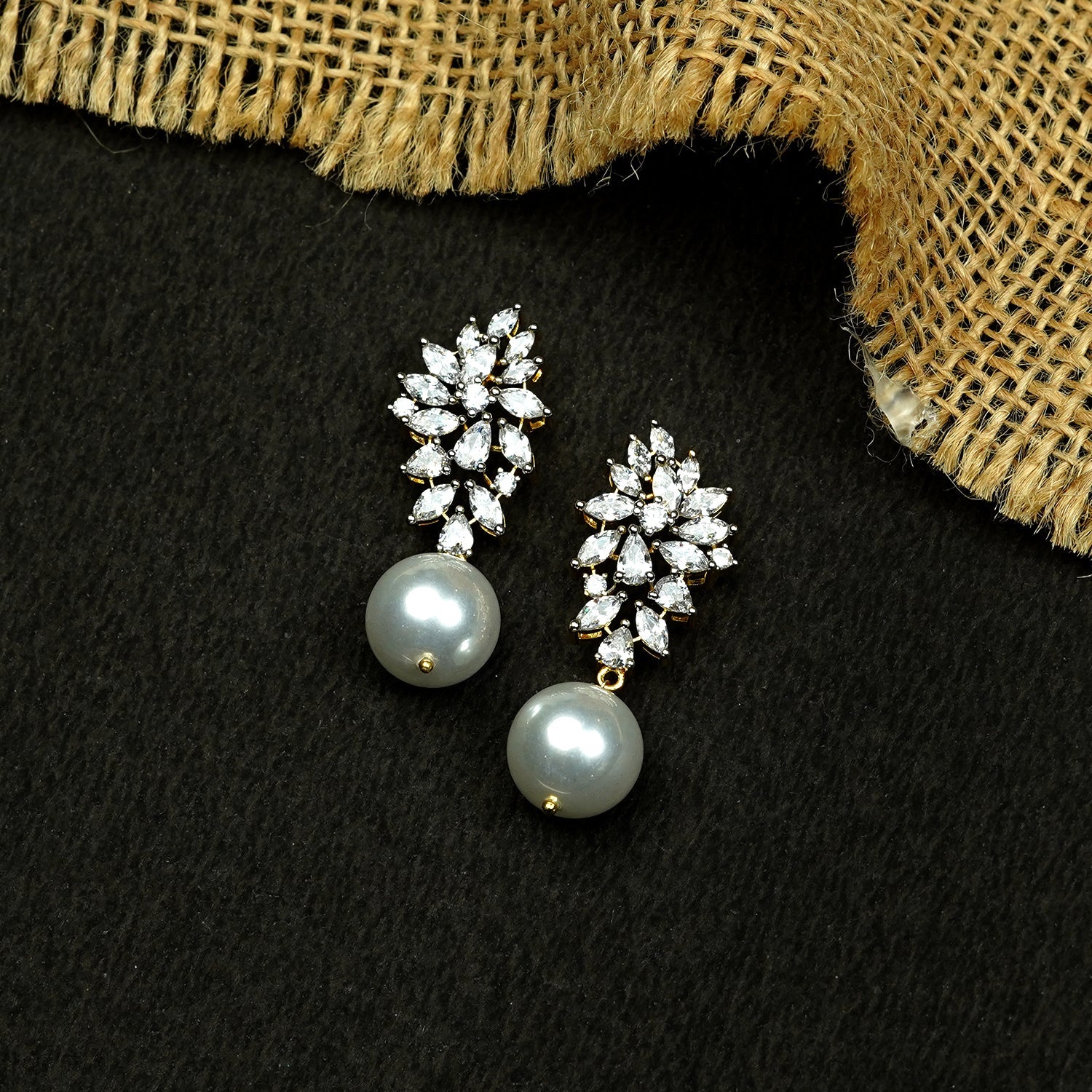 Zevar Club 22K Gold-Plated Handcrafted Cubic Zirconia & Pearl Studded Leaf Design Earrings