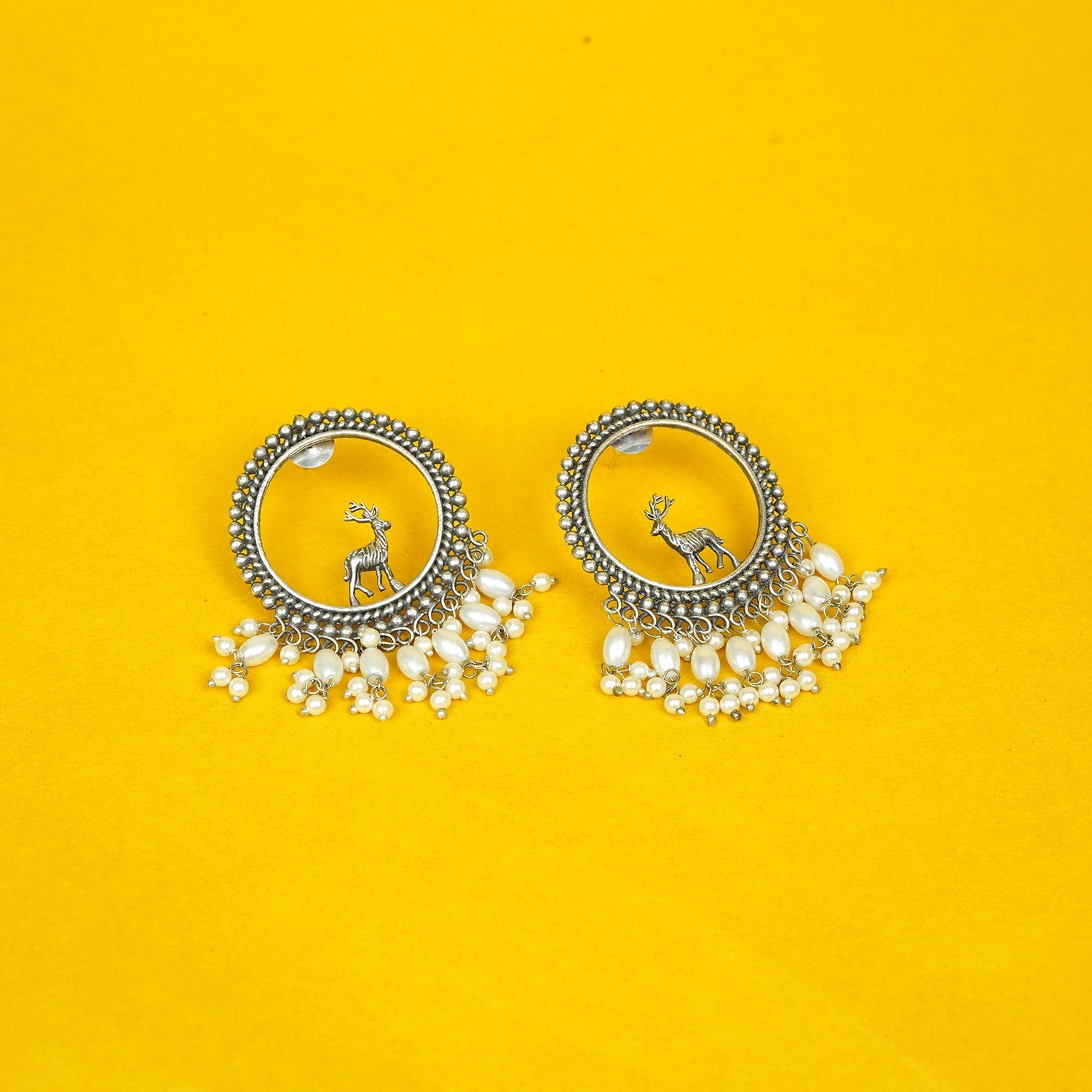 Zevar Club Oxidised Silver-Plated Round Deer Motif Earrings with Pearl Beads