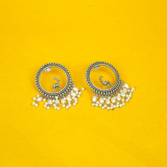 Zevar Club Oxidised Silver-Plated Round Deer Motif Earrings with Pearl Beads