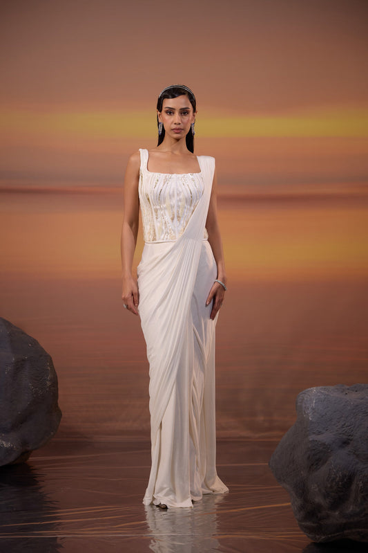 Ivory White Embroidered Drape Saree Set