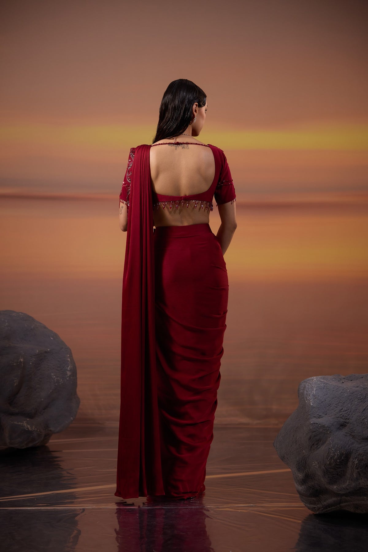 Dark Maroon Sequins Embroidered Chiffon Satin Party Wear Drape Saree Set