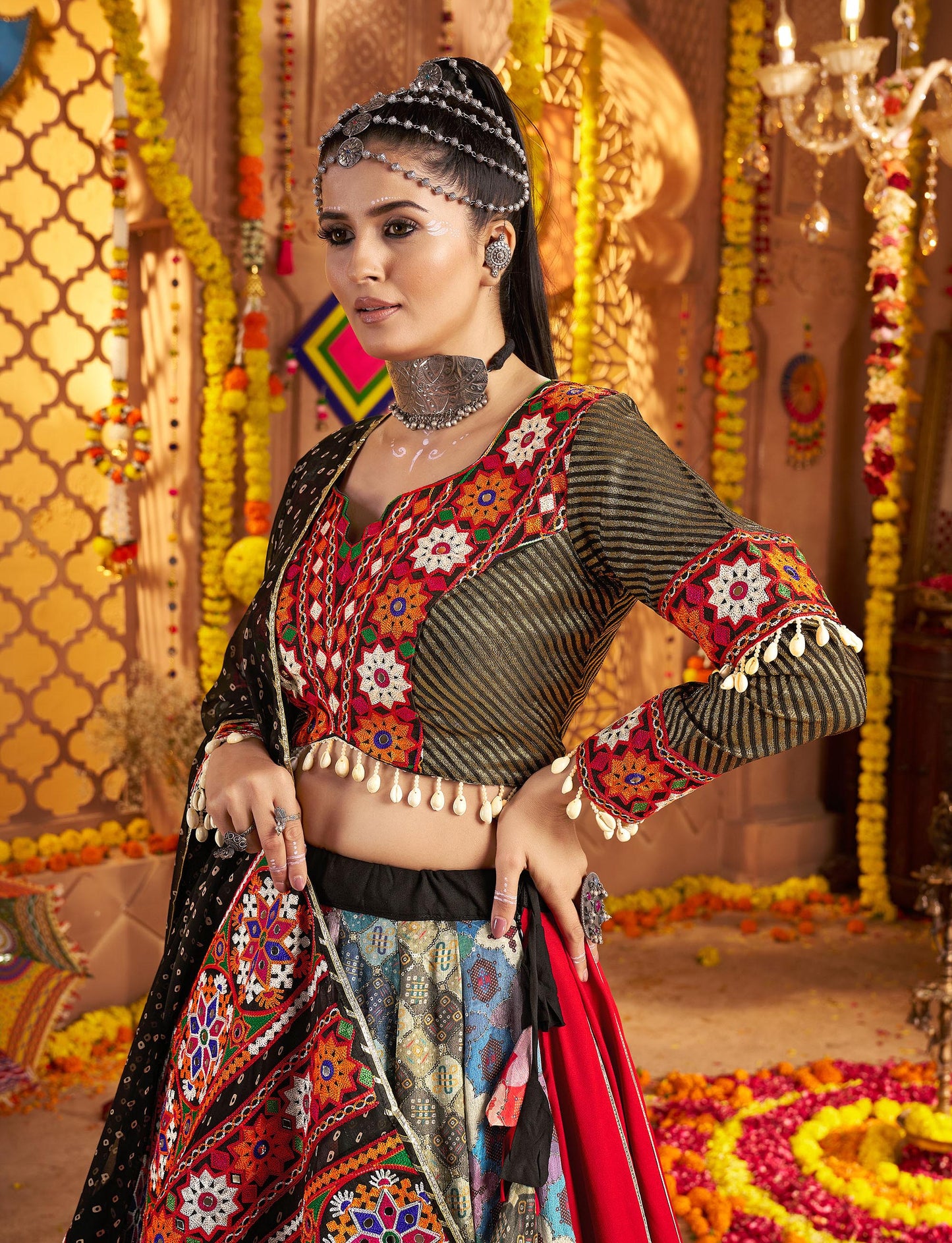 Black Viscose Rayon Thread & Mirror Embroidery Navratri  Chaniya Choli