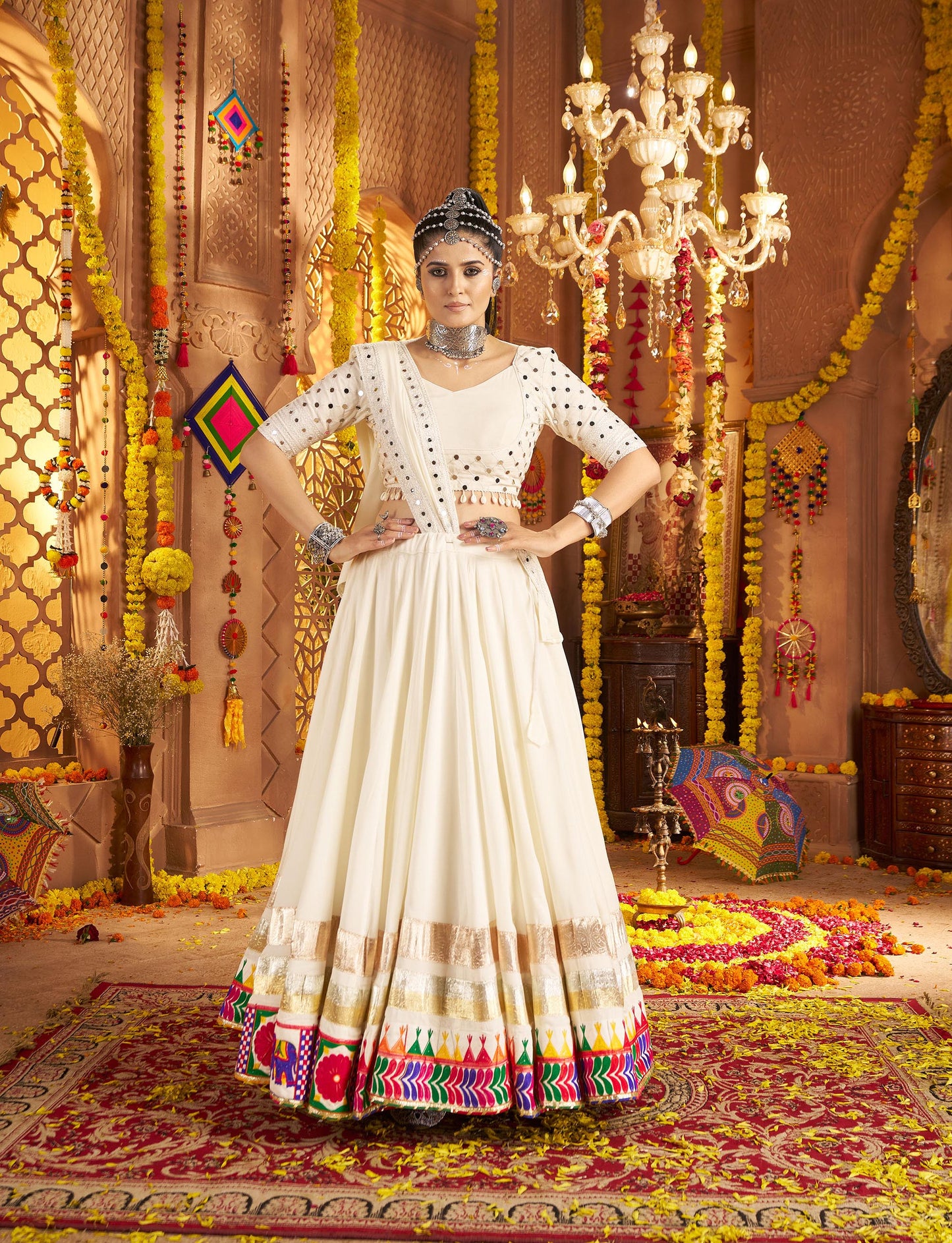 White Viscose Rayon Thread & Mirror Work Navratri Lehenga
