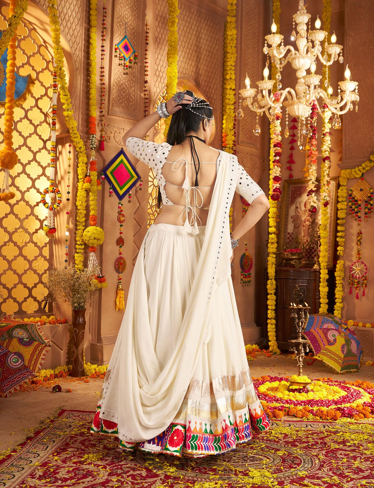 White Viscose Rayon Thread & Mirror Work Navratri Lehenga