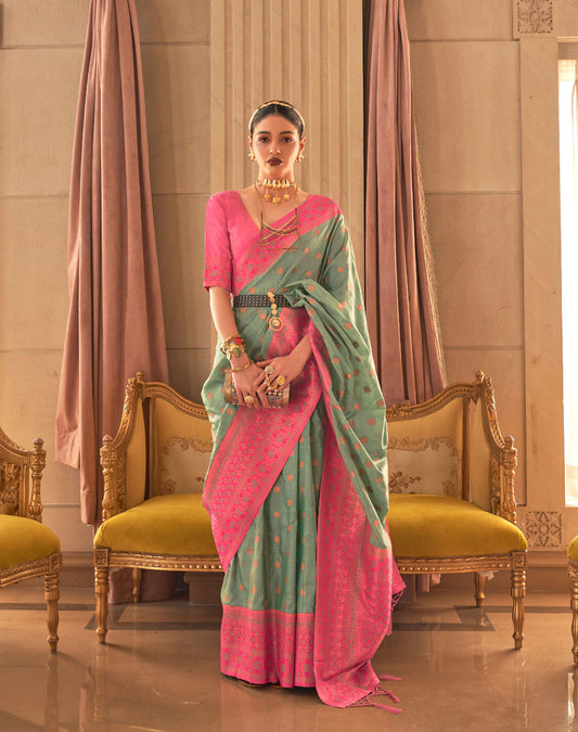 Green Kamsaara Bamboo Copper Zari Handloom Saree