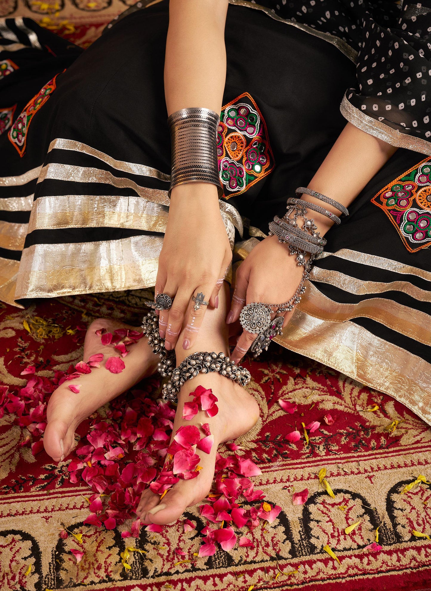 Black Viscose Rayon Hand Mirror Embroidery Navratri  Chaniya Choli