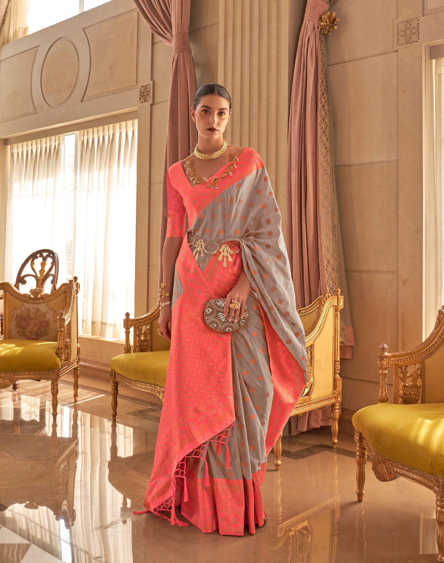 Grey Kamsaara Bamboo Copper Zari Handloom Saree