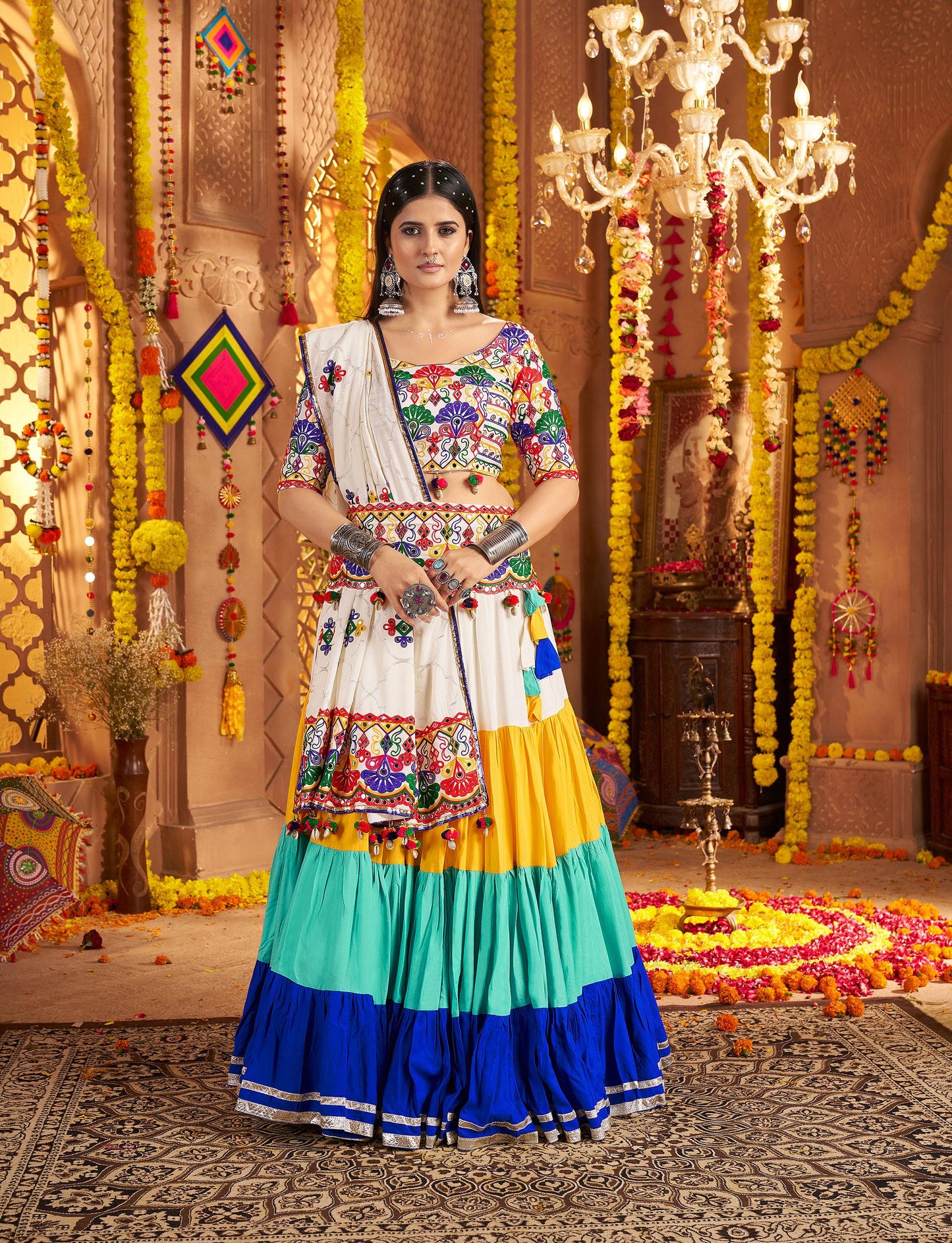White & Blue Viscose Cotton Mirror Work Navratri  Chaniya Choli