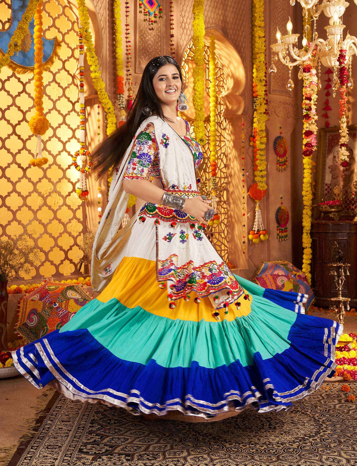 White & Blue Viscose Cotton Mirror Work Navratri  Chaniya Choli