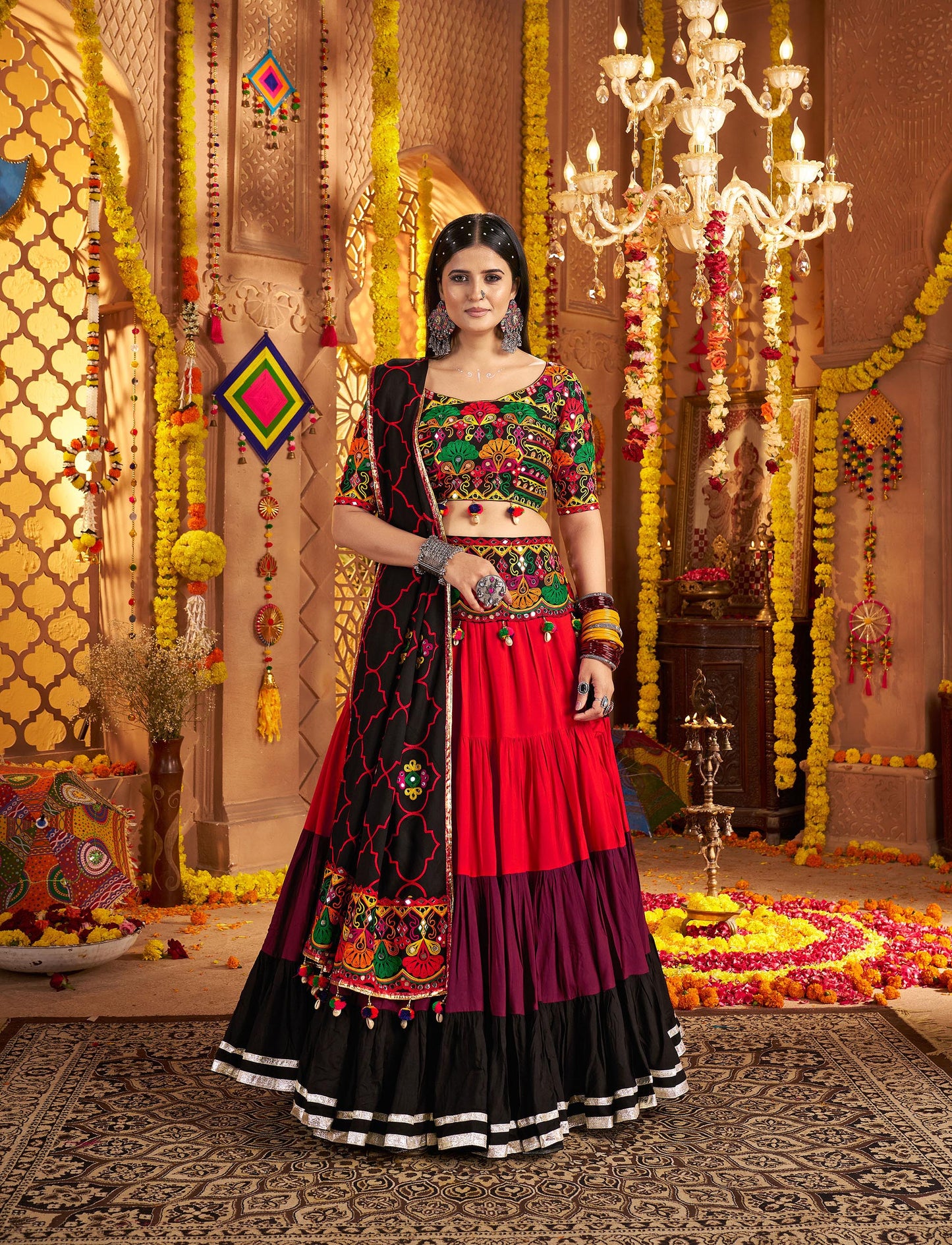 Black & Red Viscose Cotton Mirror Work Navratri  Chaniya Choli