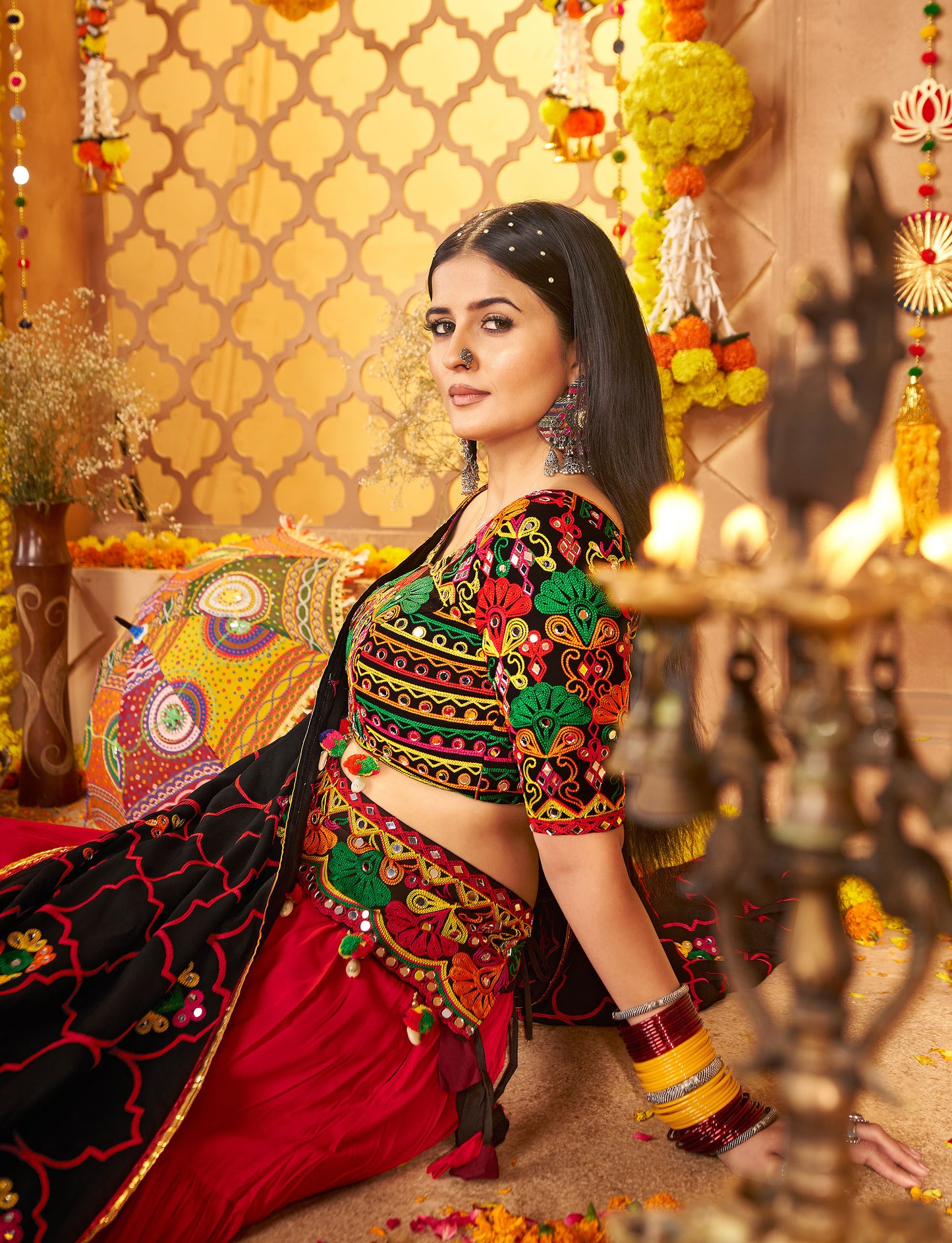 Black & Red Viscose Cotton Mirror Work Navratri  Chaniya Choli