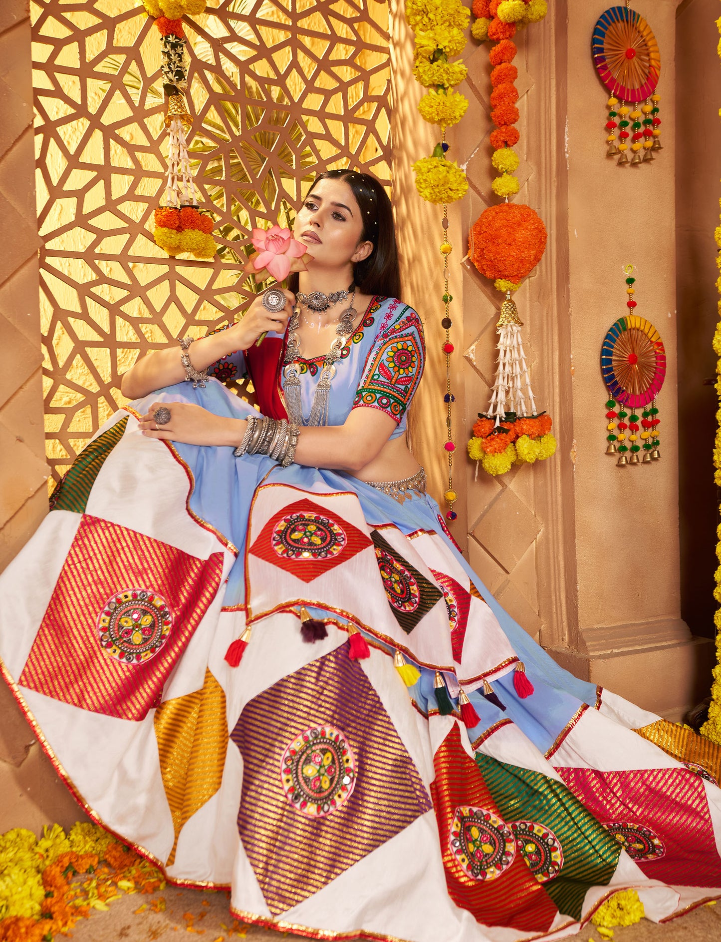 Light Blue Viscose Cotton Multi Threadwork with Mirror Work Navratri Chaniya Choli