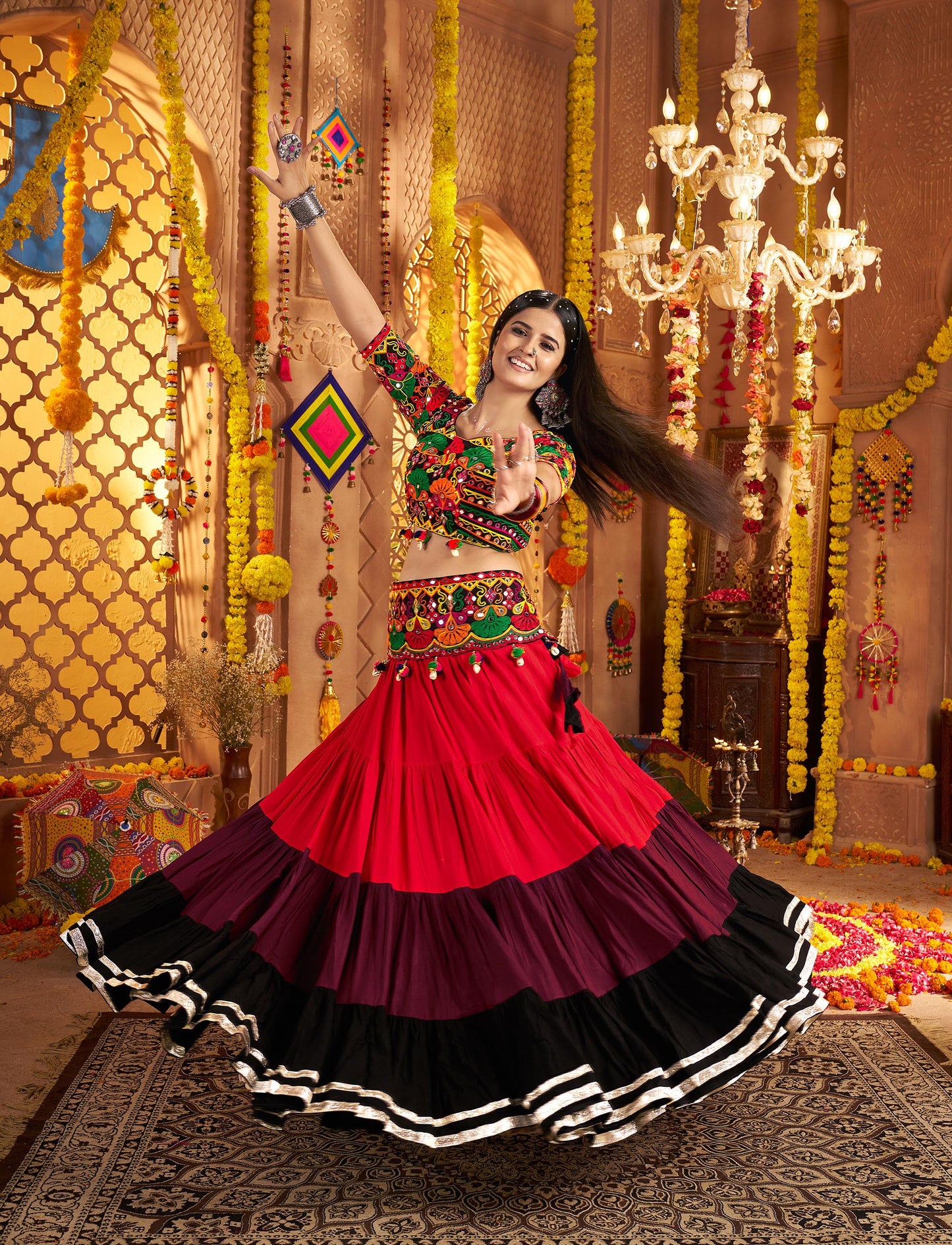 Black & Red Viscose Cotton Mirror Work Navratri  Chaniya Choli
