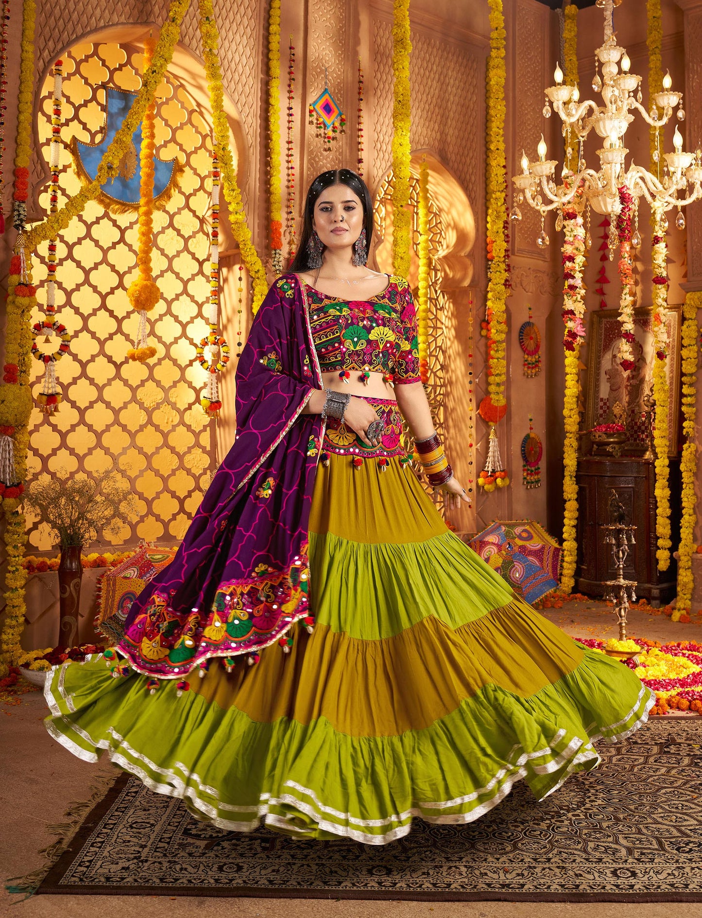 Green & Purple Viscose Cotton Mirror Work Navratri  Chaniya Choli