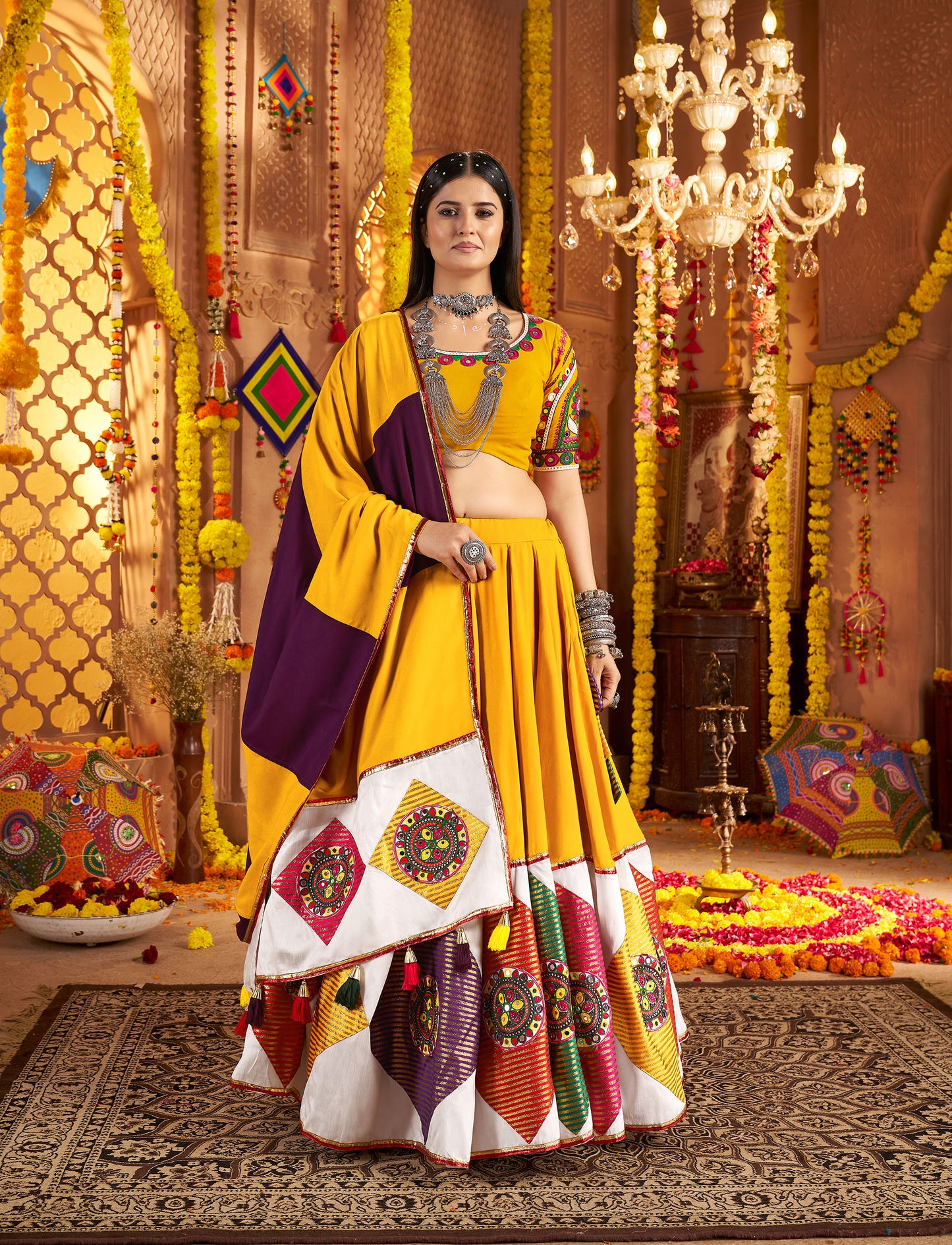 Mustard Yellow Viscose Cotton Multi Threadwork with Mirror Work Navratri Chaniya Choli