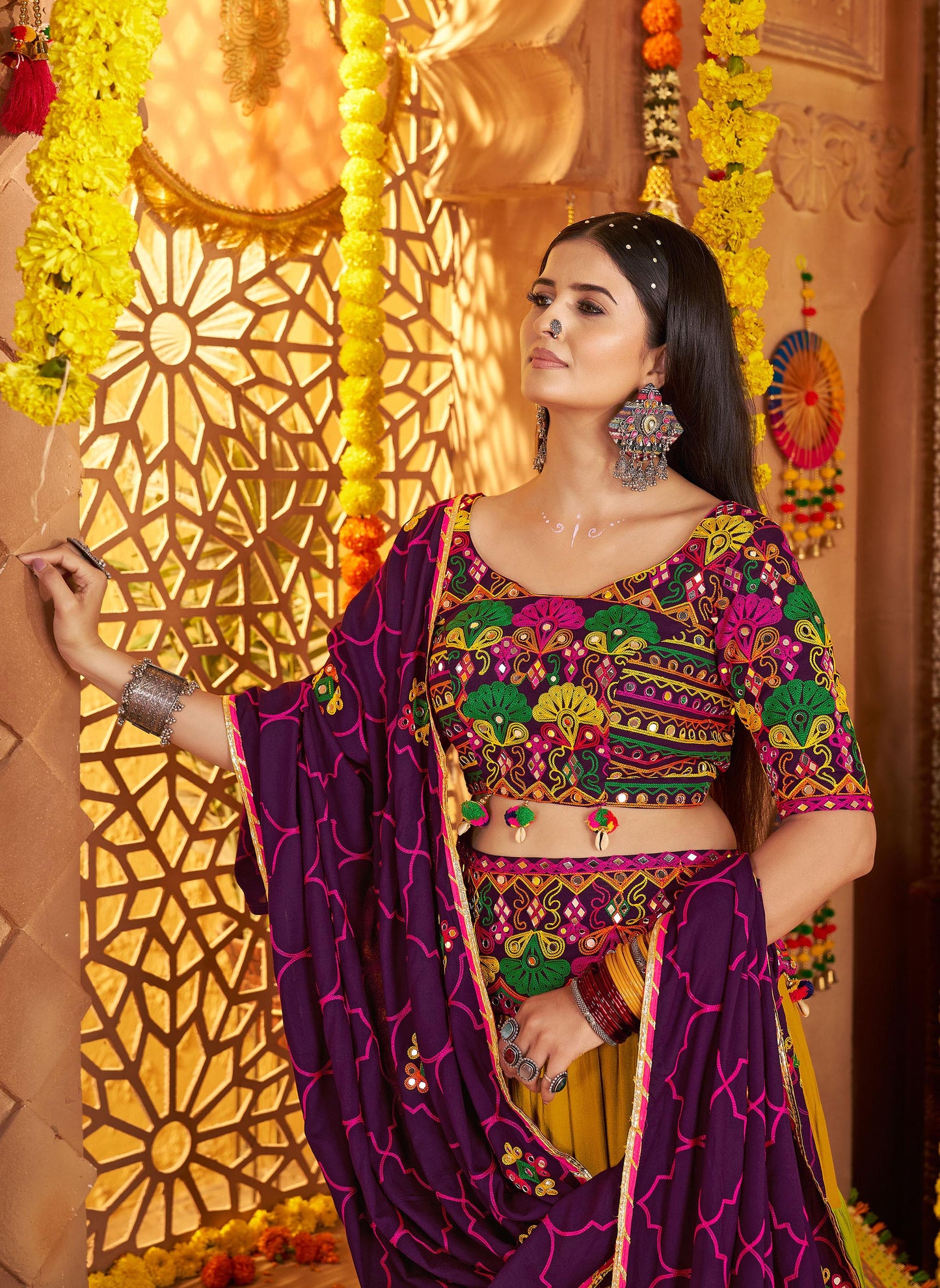 Green & Purple Viscose Cotton Mirror Work Navratri  Chaniya Choli