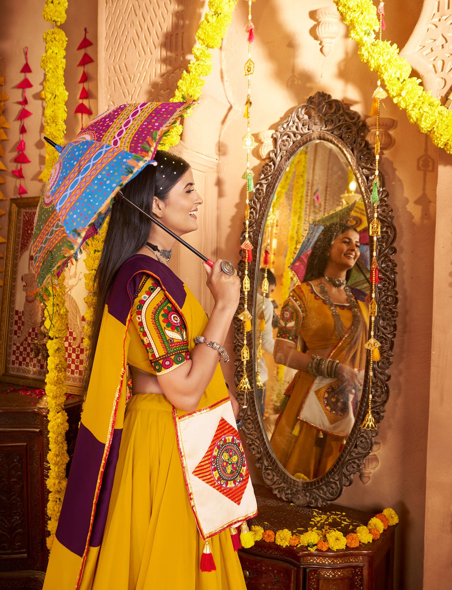 Mustard Yellow Viscose Cotton Multi Threadwork with Mirror Work Navratri Chaniya Choli