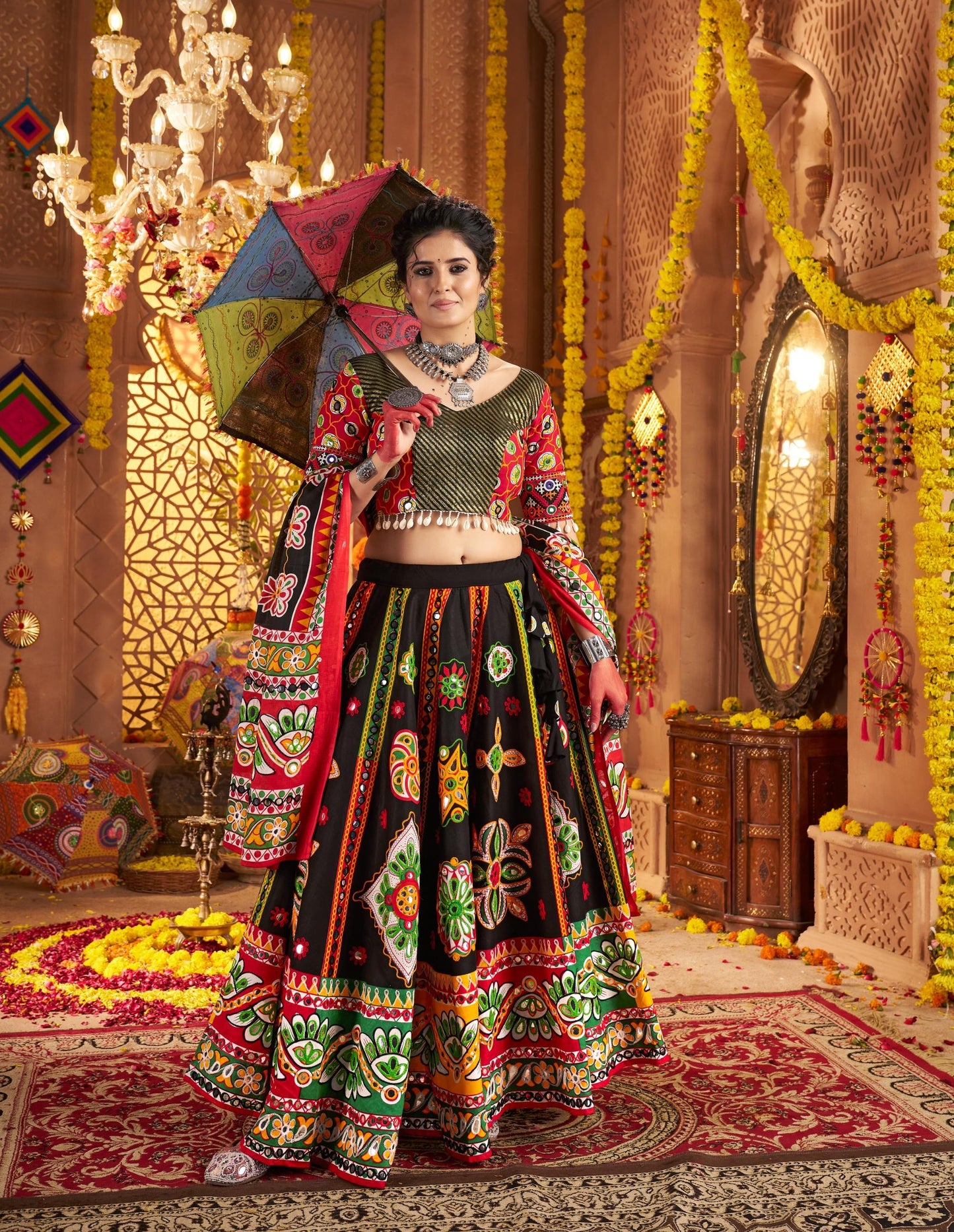 Black Organic Cotton Aari & Foil Work Navratri  Chaniya Choli